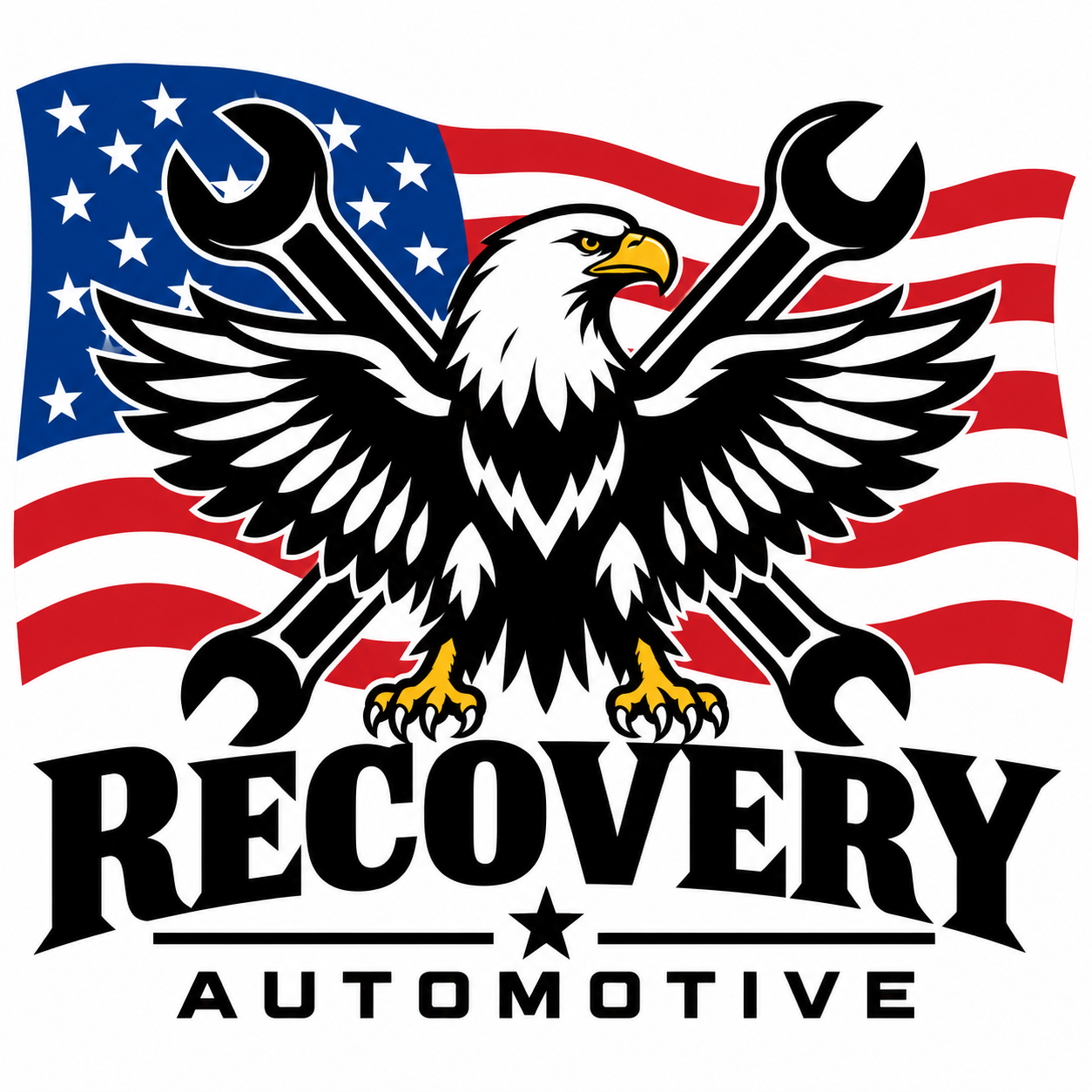 Recovery Automotive logo: bald eagle with crossed wrenches over an American flag